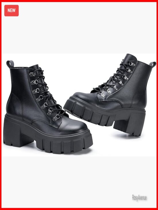 Shoes - Lightweight Combat Boots Lace Up Side Zipper Chunky Platform Lug Sole